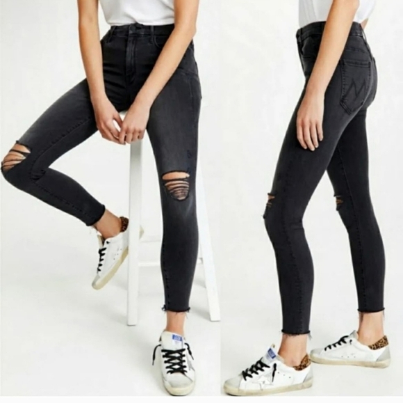 MOTHER The Looker Ankle Fray Black Distressed Denim Skinny Jeans Size 27 - Picture 5 of 15